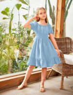 Arshiner Dress Girls Party Dress Elegant Short Sleeve Summer Dresses Children Plain A Line Casual Dress Ruffles Princess Dress Tie Back 122-158 - Image 2