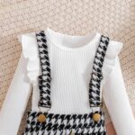 BENO TIGER Toddler Baby Girls Long Sleeve Skirt Set Solid Color Cotton Ribbed Shirt Top Plaid Suspender A-line Skirt Clothes Set - Image 5