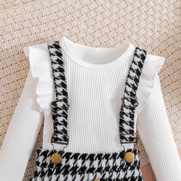 BENO TIGER Toddler Baby Girls Long Sleeve Skirt Set Solid Color Cotton Ribbed Shirt Top Plaid Suspender A-line Skirt Clothes Set - Image 5