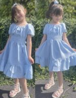 Arshiner Dress Girls Party Dress Elegant Short Sleeve Summer Dresses Children Plain A Line Casual Dress Ruffles Princess Dress Tie Back 122-158 - Image 4