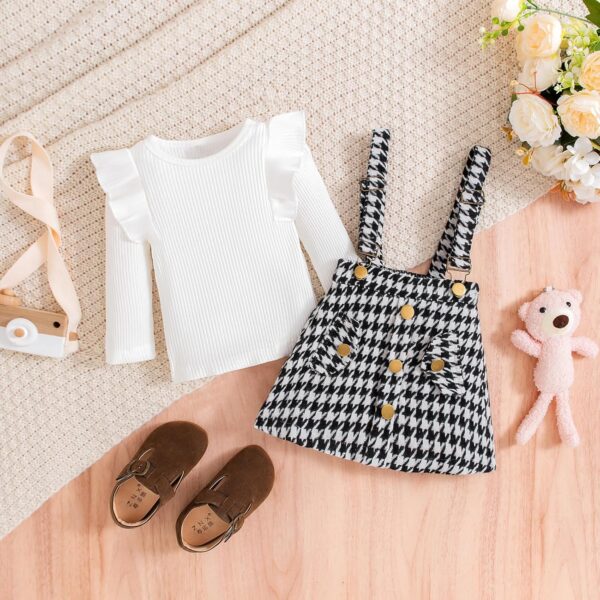 BENO TIGER Toddler Baby Girls Long Sleeve Skirt Set Solid Color Cotton Ribbed Shirt Top Plaid Suspender A-line Skirt Clothes Set - Image 4
