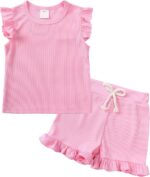 Happy Cherry 2 Piece Girls Summer Outfits Short Sleeve Tee and Flare Leg Pants Set Kids Solid Color Clothes Set Elastic Waist Bell Bottom Trousers Suit 9 Months - 10 Years