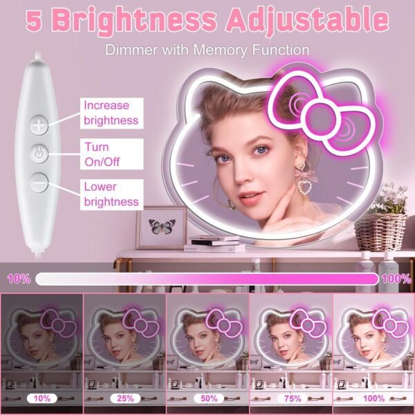 inShareplus Anime Hello Kit Neon Sign Mirror Vanity, 14"x12" Cute Cat LED Neon Lights Gifts, 5V USB Dimmable Light Up Wall Mirror for Teen Girl Gift, Bedroom, Room Decor, Dressing Table - Image 2