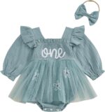 Newborn Baby Girls First Birthday Outfits Letter Floral Embroidery Romper Dress Long Sleeve Jumpsuits with Bowknot Headband Toddler Infant Girls Clothes