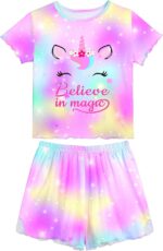 MHJY Girls Pyjamas Ruffled Short Sleeve PJs Sets Unicorn Pajamas 2 Pcs Shirt and Shorts Casual Girls' Nightwear Sleepwear Clothes