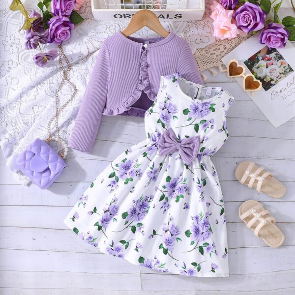 Kids Toddler Girls Dress with Cardigan 2 Piece Outfits Set Floral Sleeveless Dress and Long Sleeve Ruffled Cardigan Bolero Shrug Coat - Image 2