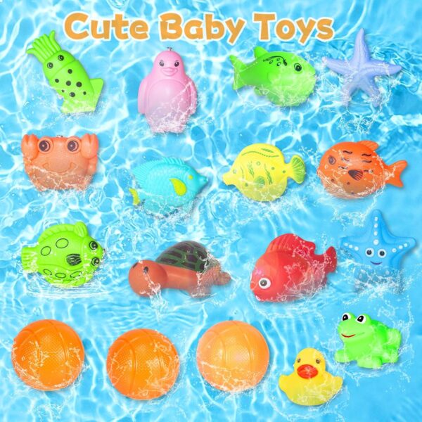 21Pcs Baby Bath Toys, Dinosaur Bathtub Toy for 3-6 Boys and Girls, 1 Dino Fishing Net &1 Fishing Rod & 3 Soft Ball & 15 Sea Animal Rubber Toys Children Fish Catching Game - Image 3