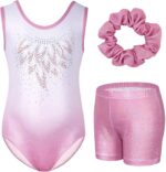 Gogokids Girls' Three-Piece Gymnastics Set, Sleeveless Leotards with Shorts and Hairband, Sparkling Ballet Dancing Unitards - Gymnastics Outfit with Gradient Color Design for 3-12 Years