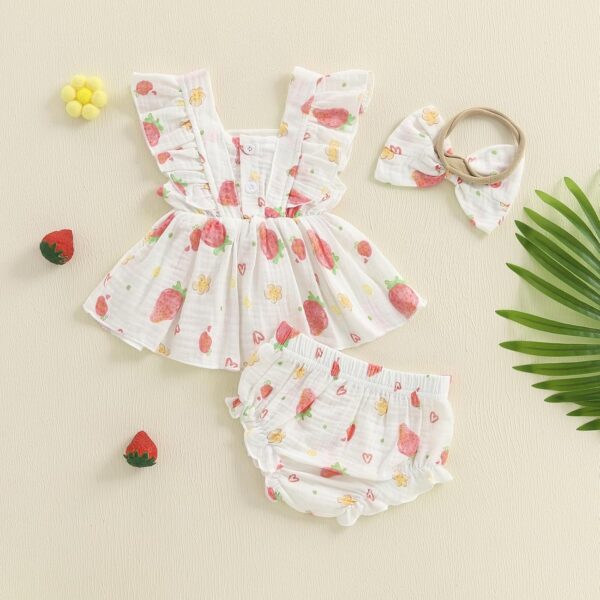 Baby Girl Summer Outfit Strawberry/Cherry/Lemon Smocked Tunic Tops Ruffle Bloomer Shorts Headband Cute 3Pcs Newborn Coming Home Summer Clothes 0-18M - Image 4