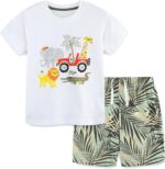 Kids Boys Summer Short Outfits Clothes Set Toddler Cool Dinosaur Digger Shark Animal Print Short Sleeve Cotton T-Shirt Tops and Shorts 2Pcs Crewneck Clothing Set Age 1-7 Years Old