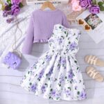 Girl Dress Toddler Long Sleeve Dresses A-line Floral Casual Party Dress with Cardigan Sets for Little Big Kids 4-13 Years - Image 2