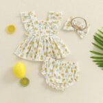 Baby Girl Summer Outfit Strawberry/Cherry/Lemon Smocked Tunic Tops Ruffle Bloomer Shorts Headband Cute 3Pcs Newborn Coming Home Summer Clothes 0-18M - Image 4
