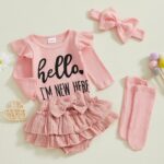 YILEEGOO Newborn Baby Girl Outfit Long Sleeve Hello I'M NEW HERE Romper Bloomers Tutu Skirt Socks Headband Set 4Pcs Clothes - Image 2