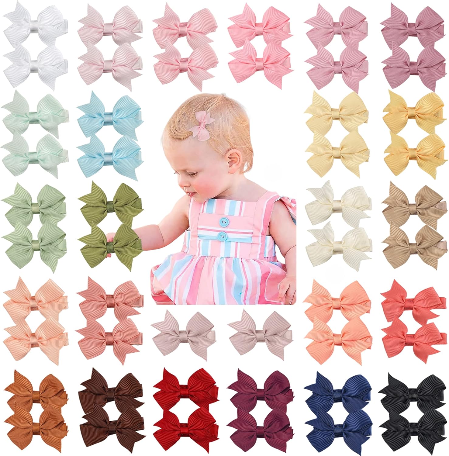 81dNgurF1dL._AC_SL1500_.jpg JOYOYO 50 Pcs Baby Hair Clips Small Size 2 Inch Bow Clips for Baby Girl Toddlers Non-Slip Baby Clips Full Ribbon Covered Baby Care Clips Craft Bows, Baby Girl Hair Clips - Image 1