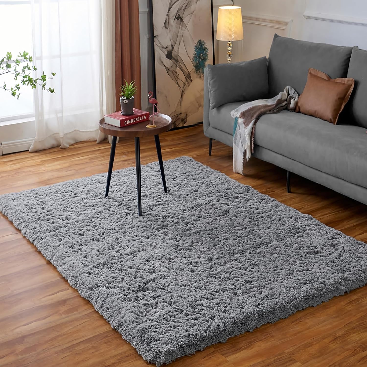 81dm9ERldnL._AC_SL1500_.jpg Ceneco Rugs Living Room,Grey Fluffy Rug,Small Rugs for Bedroom,Washable Non-Slip High Pile Soft Carpet for Living Room,Thick Shaggy Bedroom Mat(Grey, 80x120 cm) - Image 1