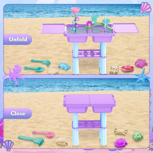 deAO Sand and Water Table for Toddlers, Outdoor Play Table Summer Toys with 23PCS Beach Toys, 2 Fishing Pool Toys, Sand Pit Water Table Children Garden Toys Activity Sensory Table for Kids (Purple) - Image 4