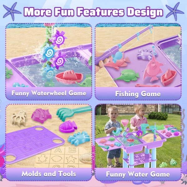 deAO Sand and Water Table for Toddlers, Outdoor Play Table Summer Toys with 23PCS Beach Toys, 2 Fishing Pool Toys, Sand Pit Water Table Children Garden Toys Activity Sensory Table for Kids (Purple) - Image 3