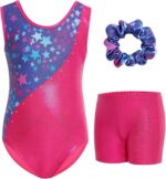 Gogokids Girls Three-Piece Gymnastics Set with Shorts, Kids Gymnastics Sleeveless Leotard with Gem Stones, Girls' Sparkling Gymnastics Outfit with Color Block Design Athletic Dancewear for Ages 3-12