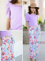 Arshiner Girls Clothing Sets Kids Fashion T-shirts with Trousers Set Puff Sleeves Top with Printed Trousers Set Summer Casual Outfits for Girls 5-14 Years - Image 2