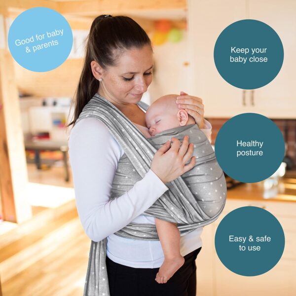 Baby Wrap Carrier Light Grey with Stars – Baby Carrier for Newborns and Babies Up to 15Kg – Made of Soft Cotton… - Image 2