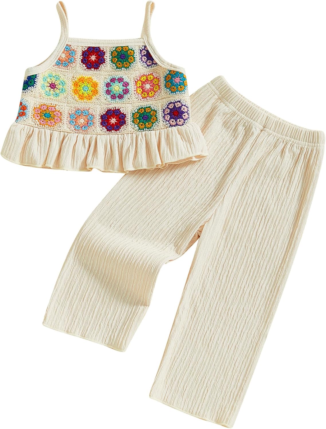 81ie7W2PCrL._AC_SL1500_.jpg Baby Girl Summer Outfits Toddler Crochet Ruffle Sleeveless Camisole Tops Pants Set Kids Fashion Clothes Sets - Image 1