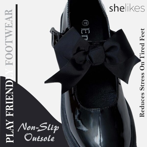 shelikes Girls Back to School Shoes Mary Jane Flat Shoes with Detachable Bow & Black Patent Shiny Ankle Strap - Image 4