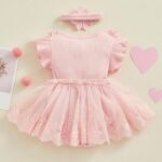 Baby Girl Lace Tulle Romper Tutu Dress Ruffle Sleeve Flowers Tie-Up Mesh Summer Overall Princess Party Dress with Headband 2Pcs Outfit - Image 4