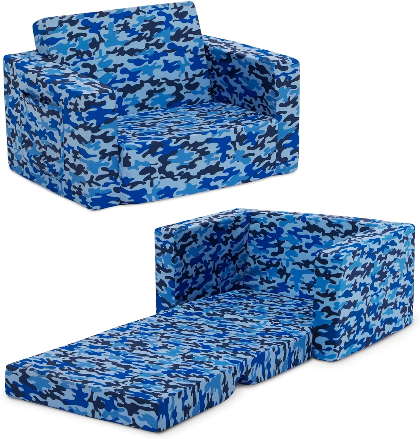 81jjUe1EdqL._AC_SL1500_.jpg Delta Children Cozee Blue Camo Convertible Foam Chair to Lounger for Kids - Image 1