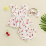 Baby Girl Summer Outfit Strawberry/Cherry/Lemon Smocked Tunic Tops Ruffle Bloomer Shorts Headband Cute 3Pcs Newborn Coming Home Summer Clothes 0-18M - Image 4