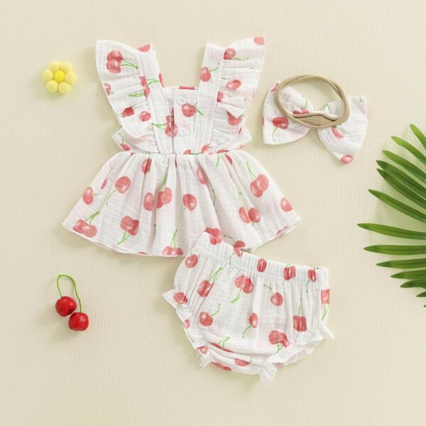 Baby Girl Summer Outfit Strawberry/Cherry/Lemon Smocked Tunic Tops Ruffle Bloomer Shorts Headband Cute 3Pcs Newborn Coming Home Summer Clothes 0-18M - Image 4