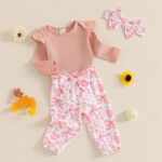 Baby Girls Romper Outfit Long Sleeve Bodysuit Floral Pants with Headband Set 3Pcs Newborn Clothes for Baby Girl 0-18 Months Fall Spring Winter - Image 2