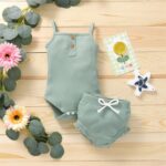 Infant Baby Girls Summer Knit Outfits 2 Piece Ribbed Sleeveless Romper Tops+Ruffle Bloomers Shorts Plain Clothes Set,SALES-CLEARANCE Green 9-12 Months - Image 7