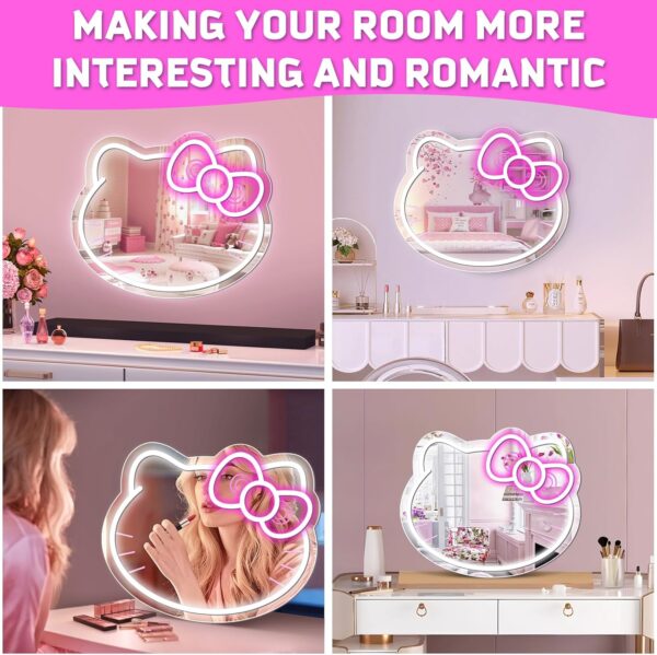 inShareplus Anime Hello Kit Neon Sign Mirror Vanity, 14"x12" Cute Cat LED Neon Lights Gifts, 5V USB Dimmable Light Up Wall Mirror for Teen Girl Gift, Bedroom, Room Decor, Dressing Table - Image 6