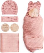 DRESHOW Newborn Baby Blanket Soft Swaddle Blankets for Infant Swaddling Receiving Warm Wraps with Bow Hat Headband