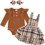 ESHOO Baby Girl Clothes Newborn Dress Set Long Sleeve Ruffle Romper Plaid Suspender Skirt Overall Dress Bow Headband Infant Outfits for 0-24M