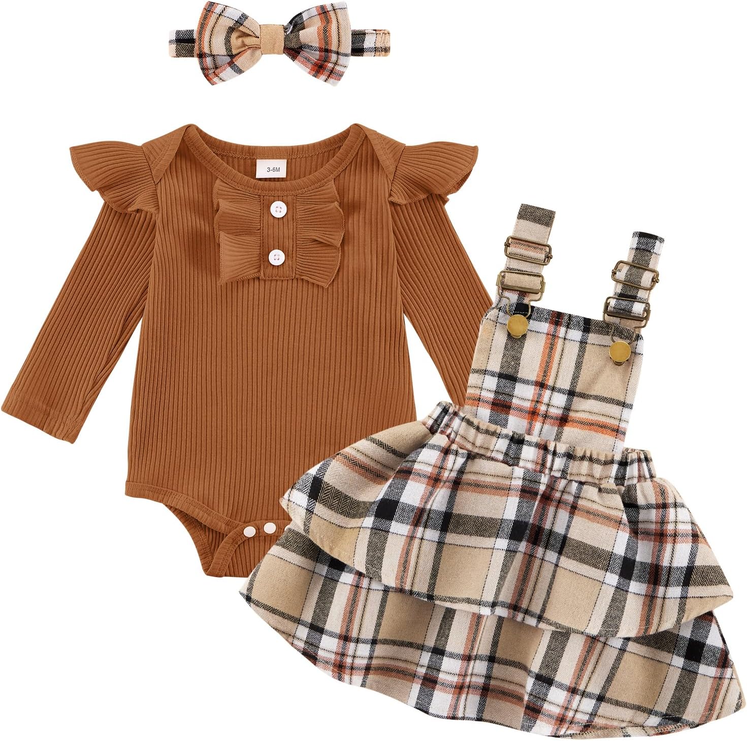 81pV03bIsTL._AC_SL1500_.jpg ESHOO Baby Girl Clothes Newborn Dress Set Long Sleeve Ruffle Romper Plaid Suspender Skirt Overall Dress Bow Headband Infant Outfits for 0-24M - Image 1