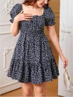 Girl's Floral Square Neck Puff Short Sleeve Dress A Line Ruffle Flowy Vacation Dresses - Image 3