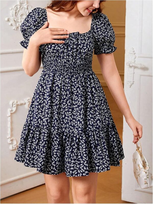 Girl's Floral Square Neck Puff Short Sleeve Dress A Line Ruffle Flowy Vacation Dresses - Image 3