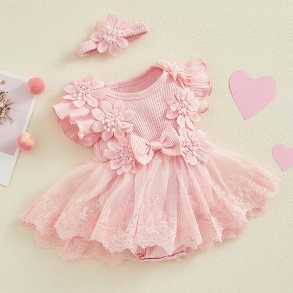Baby Girl Lace Tulle Romper Tutu Dress Ruffle Sleeve Flowers Tie-Up Mesh Summer Overall Princess Party Dress with Headband 2Pcs Outfit - Image 3