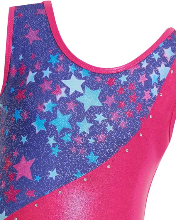 Gogokids Girls Three-Piece Gymnastics Set with Shorts, Kids Gymnastics Sleeveless Leotard with Gem Stones, Girls' Sparkling Gymnastics Outfit with Color Block Design Athletic Dancewear for Ages 3-12 - Image 2