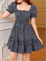 Girl's Floral Square Neck Puff Short Sleeve Dress A Line Ruffle Flowy Vacation Dresses - Image 5