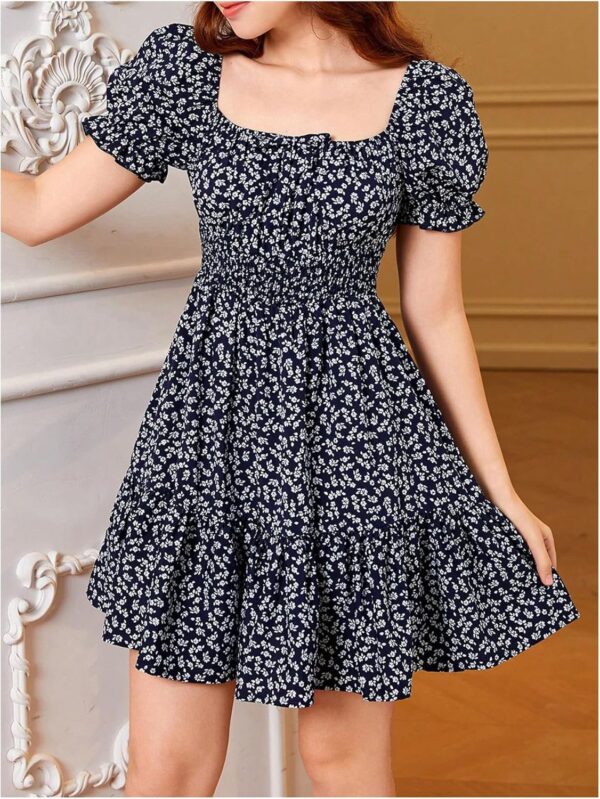 Girl's Floral Square Neck Puff Short Sleeve Dress A Line Ruffle Flowy Vacation Dresses - Image 5