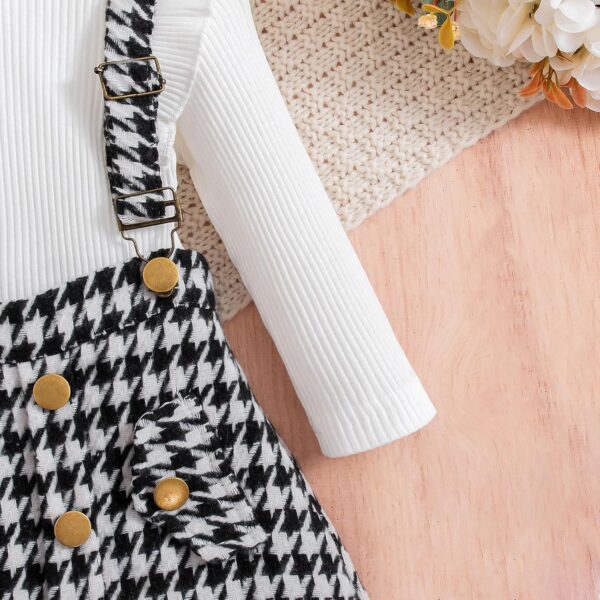 BENO TIGER Toddler Baby Girls Long Sleeve Skirt Set Solid Color Cotton Ribbed Shirt Top Plaid Suspender A-line Skirt Clothes Set - Image 8