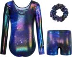 JiAmy Gymnastics Leotards for Girls Cross Back, Long Sleeve Sparkly Dance Biketards with Shorts Ballet Outfit for 3-12 Years
