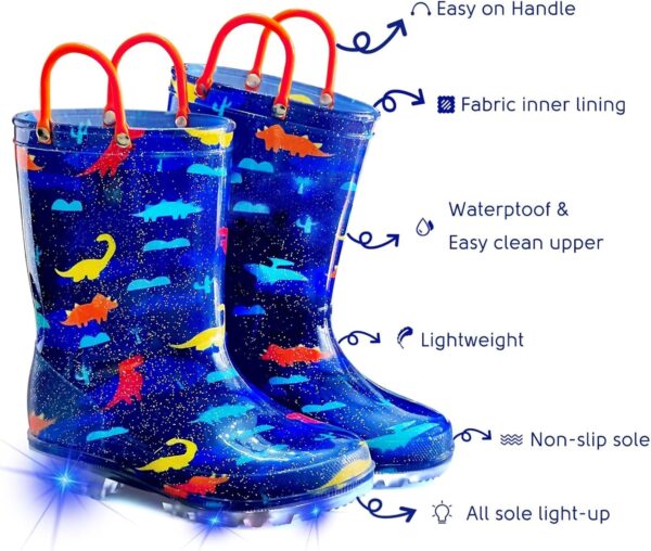 Toddler Wellies for Girls Boys, Light Up Waterproof Wellington Boots with Pull On Handles, Wellies for Kids Lightweight Boots - Image 2