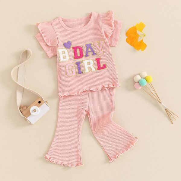 MAHUAOYIXI Baby Girl 2Pcs Birthday Outfits Short Sleeve Letter Embroidery Tops + Flare Pants Set Toddler Girls Clothes Girls Birthday Clothing Set - Image 2