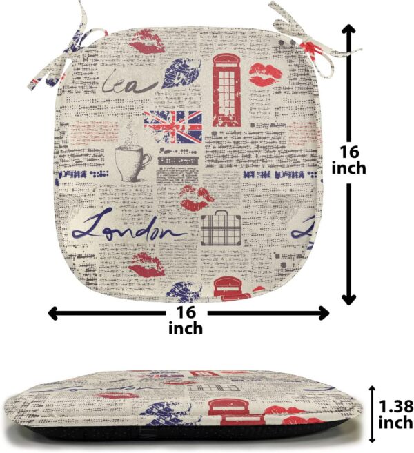 Ambesonne Tea Party Chair Seating Cushion Set of 4, London Newspaper Inspired Background with Grunge Elements Kiss Marks, Anti-Slip Seat Padding for Kitchen & Patio, 16"x16", Beige Navy Blue Red - Image 7