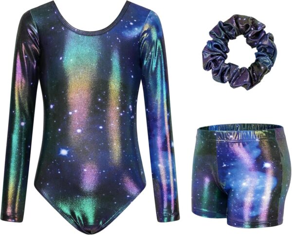 JiAmy Gymnastics Leotards for Girls Cross Back, Long Sleeve Sparkly Dance Biketards with Shorts Ballet Outfit for 3-12 Years - Image 2