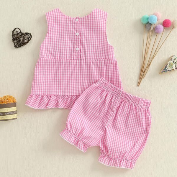MAHUAOYIXI Toddler Baby Girl Birthday Outfit Short Sleeve Letter Embroidery Shirts Ruffled Hem Tank Tops Vest and Plaid Bloomer Shorts 2Pcs Set Happy Birthday Clothes for Little Girls - Image 4