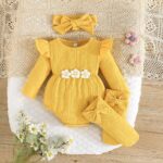 Kunyeah 3Pcs Baby Girl Outfits Infant Ruffle Romper Long Sleeve Bodysuit+Bow Hairband+Socks Newborn Flower Jumpsuit - Image 2